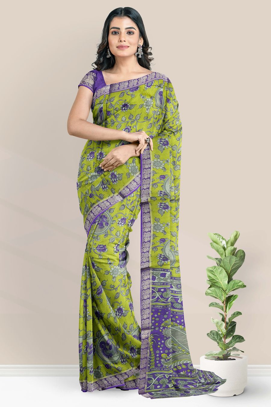 Cotton And Silk Kalamkari Print Green With Purple Saree