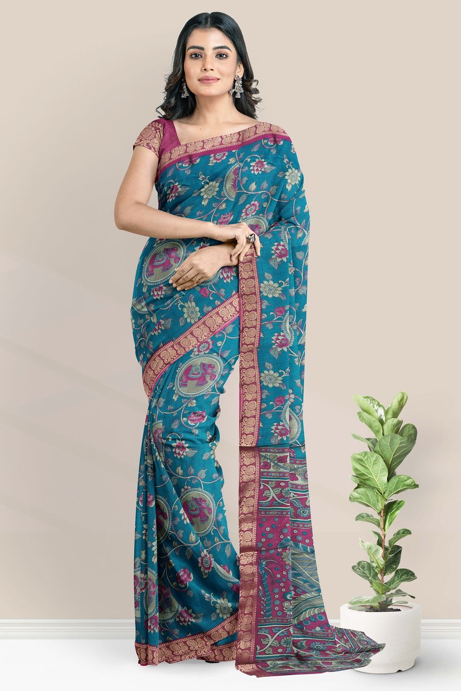 Cotton And Silk Kalamkari Print Rama Green With Magenta Pink Saree