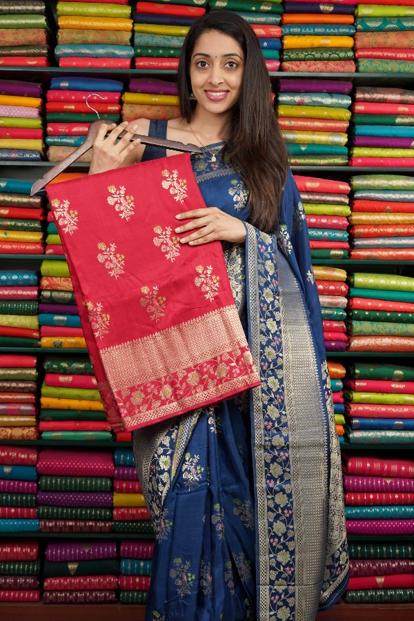 Mashru Silk Flower Butti Dark Reddish Pink Saree