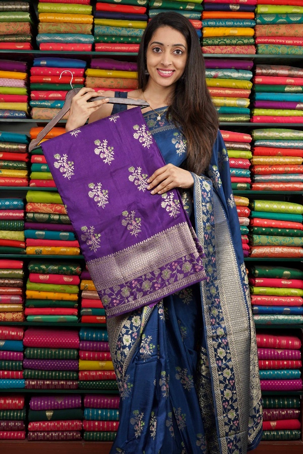 Mashru Silk Flower Butti Dark Purple Saree