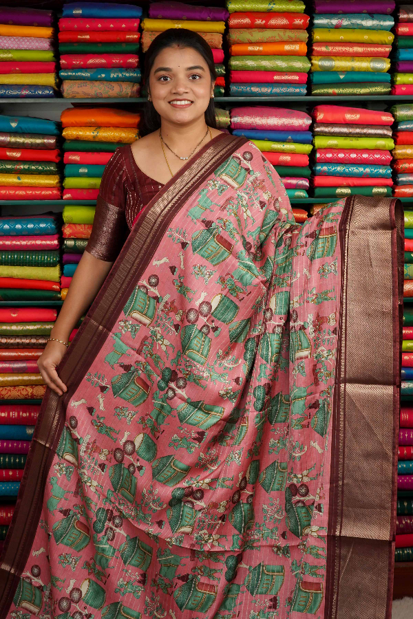 Soft Jute Silk Kalamkari Print Peach And Dark Maroon Saree