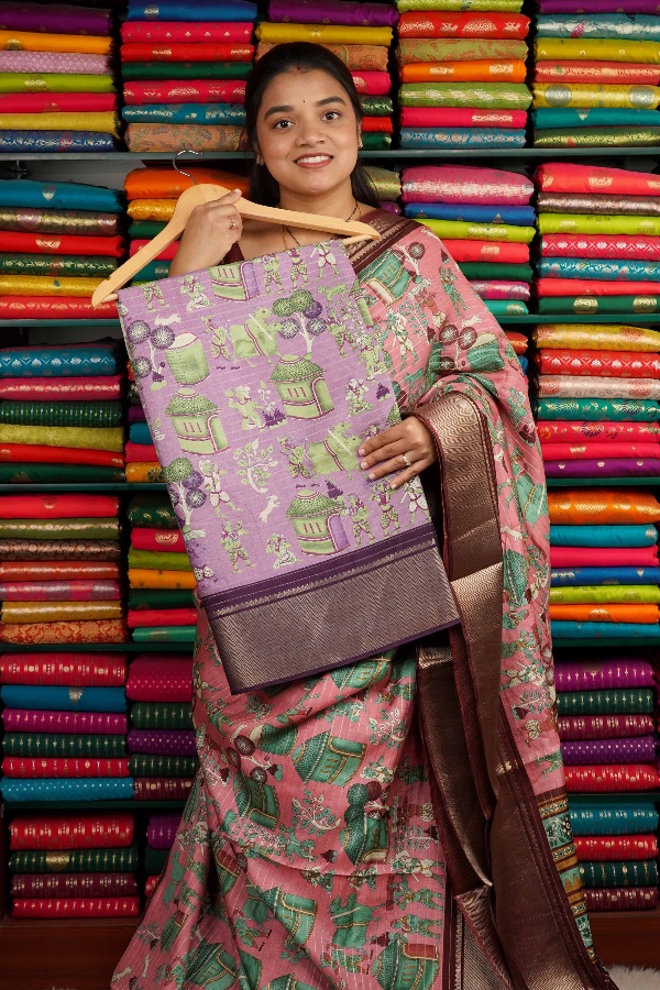 Soft Jute Silk Kalamkari Print Lavendar And Purple Saree