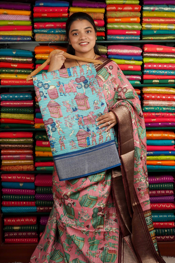 Soft Jute Silk Kalamkari Print Sea Blue And Royal Blue Saree