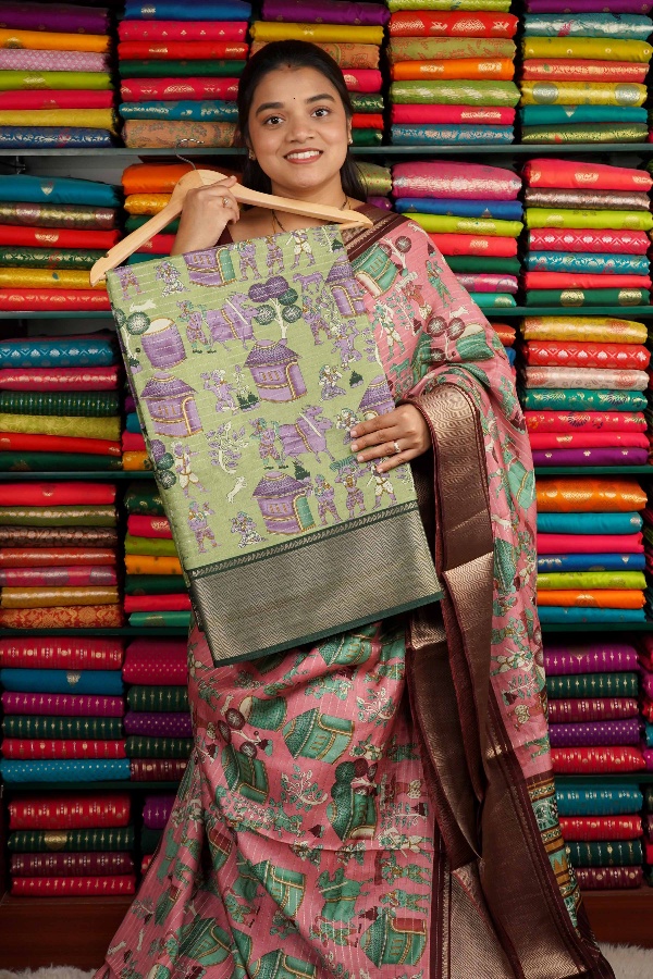 Soft Jute Silk Kalamkari Print Light Green And Dark Green Saree