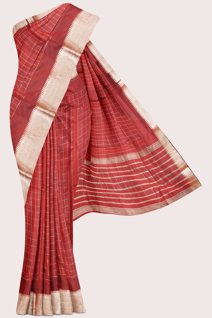 Semi Mangalagiri Checks And Gold Zari Maroon Saree