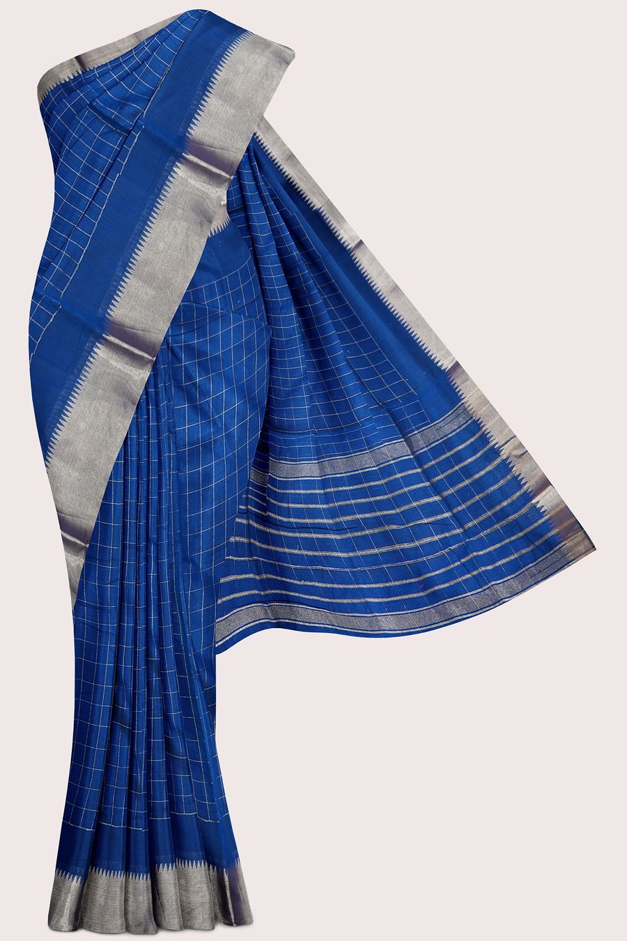 Semi Mangalagiri Checks And Gold Zari Blue Saree