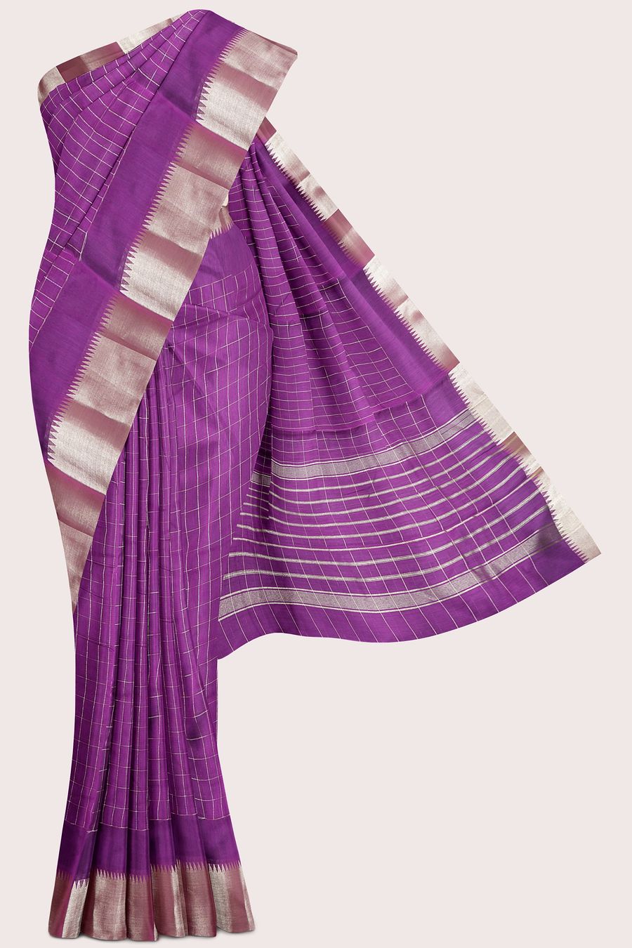 Semi Mangalagiri Checks And Gold Zari Bright Magenta Pink Saree