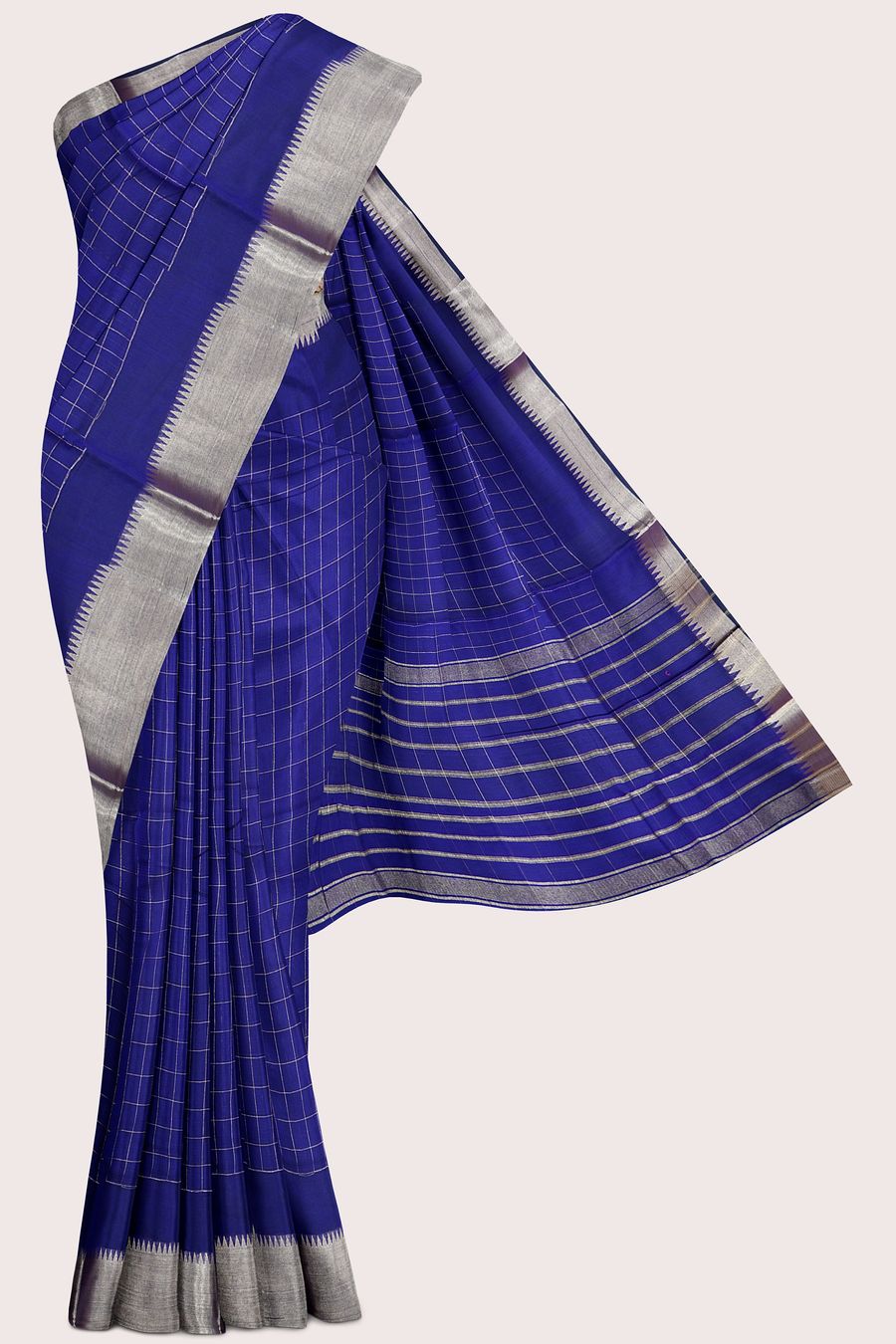 Semi Mangalagiri Checks And Gold Zari Dark Navy Blue Saree