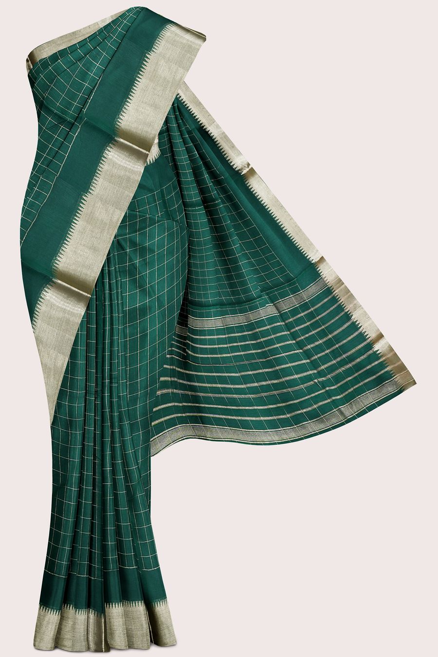 Semi Mangalagiri Checks And Gold Zari Dark Green Saree