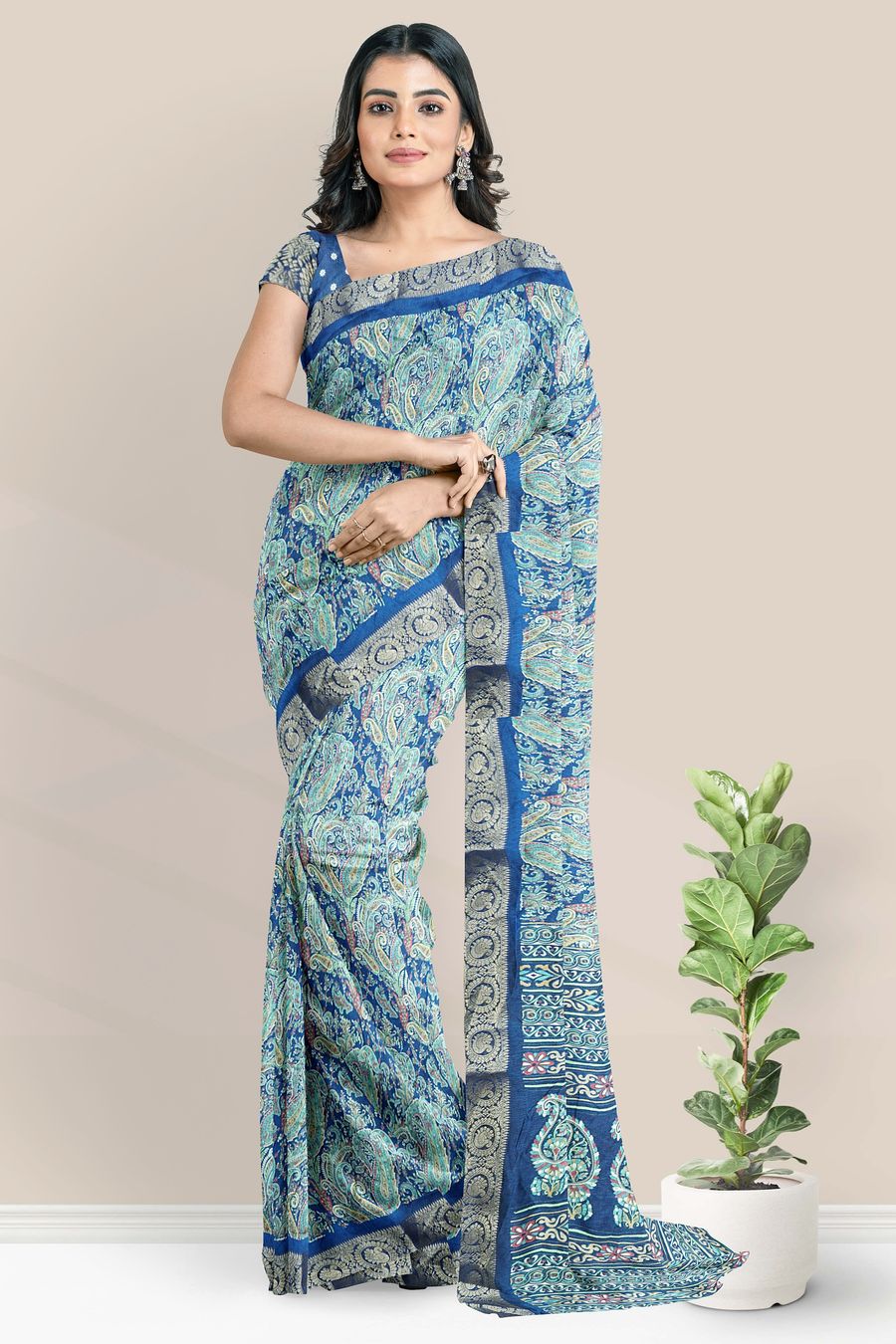 Emboose Silk Gold Zari Weaving Digital Print Bright Blue Saree