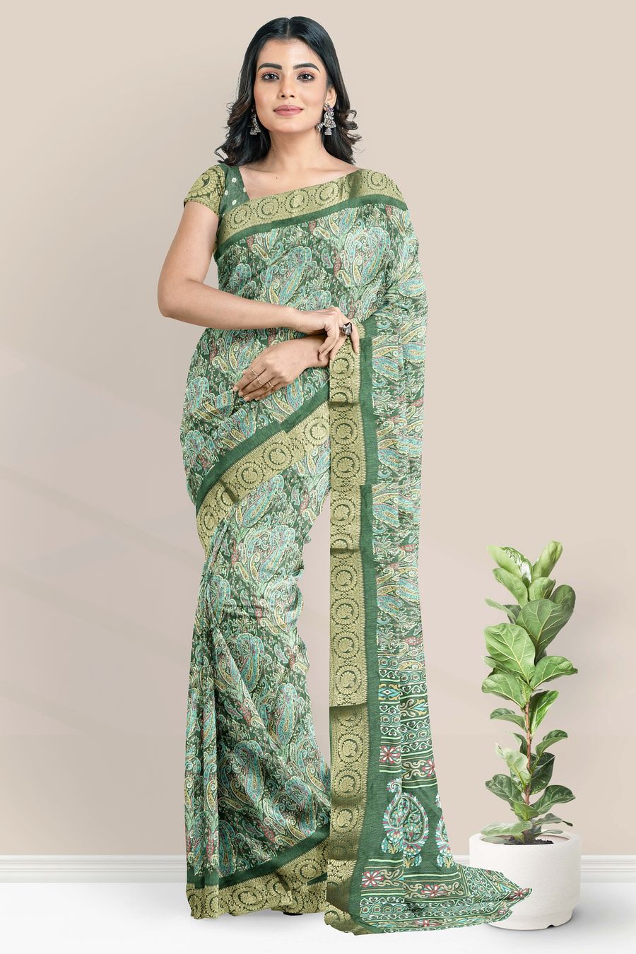 Emboose Silk Gold Zari Weaving Digital Print Mehandi Green Saree