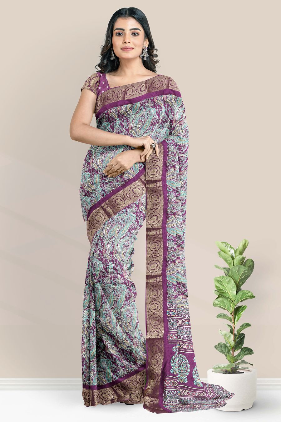 Emboose Silk Gold Zari Weaving Digital Print Brinjal Saree