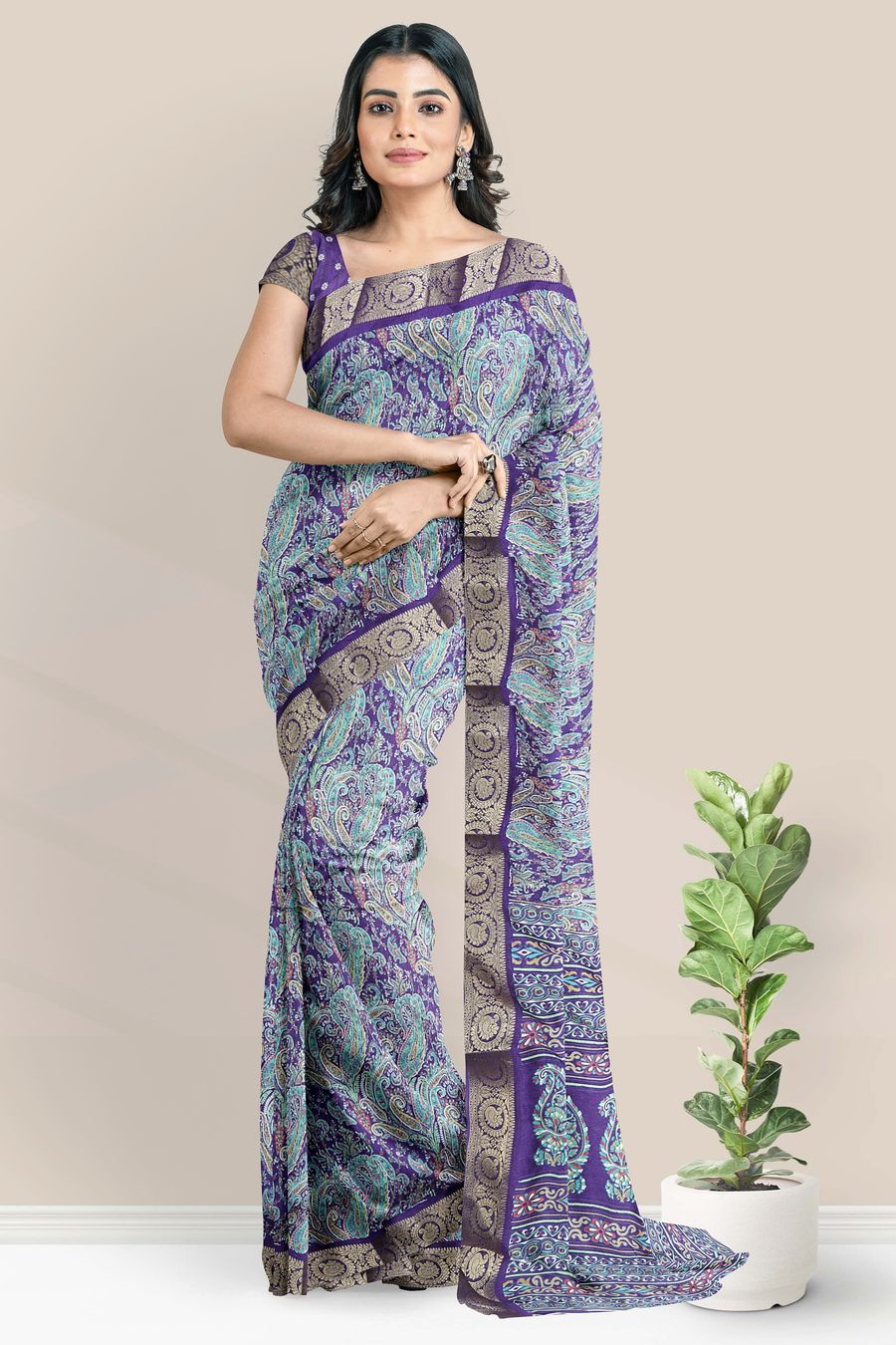 Emboose Silk Gold Zari Weaving Digital Print Dark Purple Saree