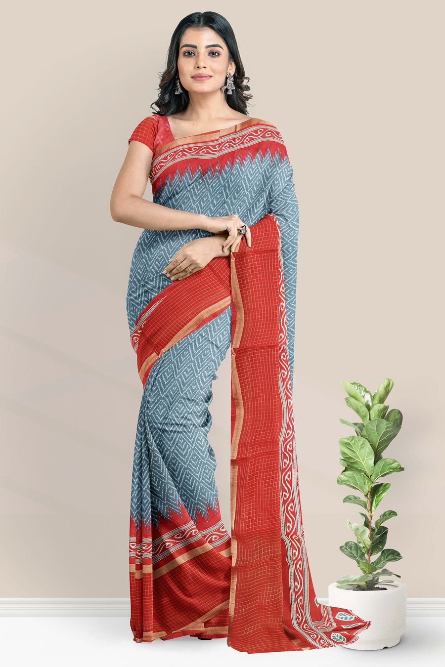 Muslin Georgette Ikkath Print Ash With Maroon Red Saree