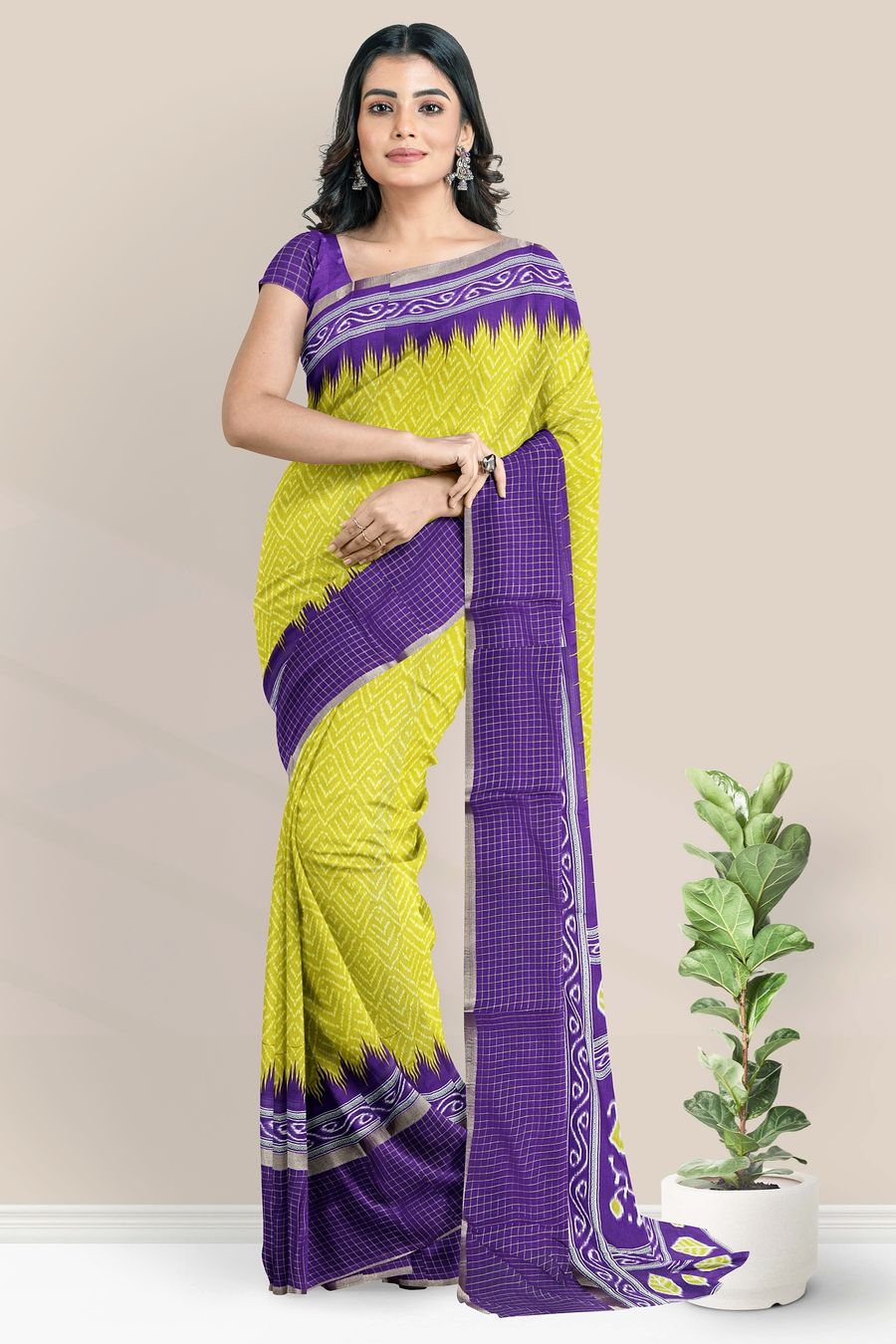 Muslin Georgette Ikkath Print Lemon Yellow With Purple Saree