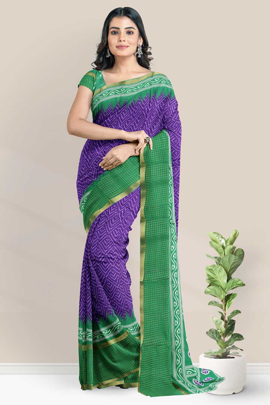 Muslin Georgette Ikkath Print Purple With Green Saree