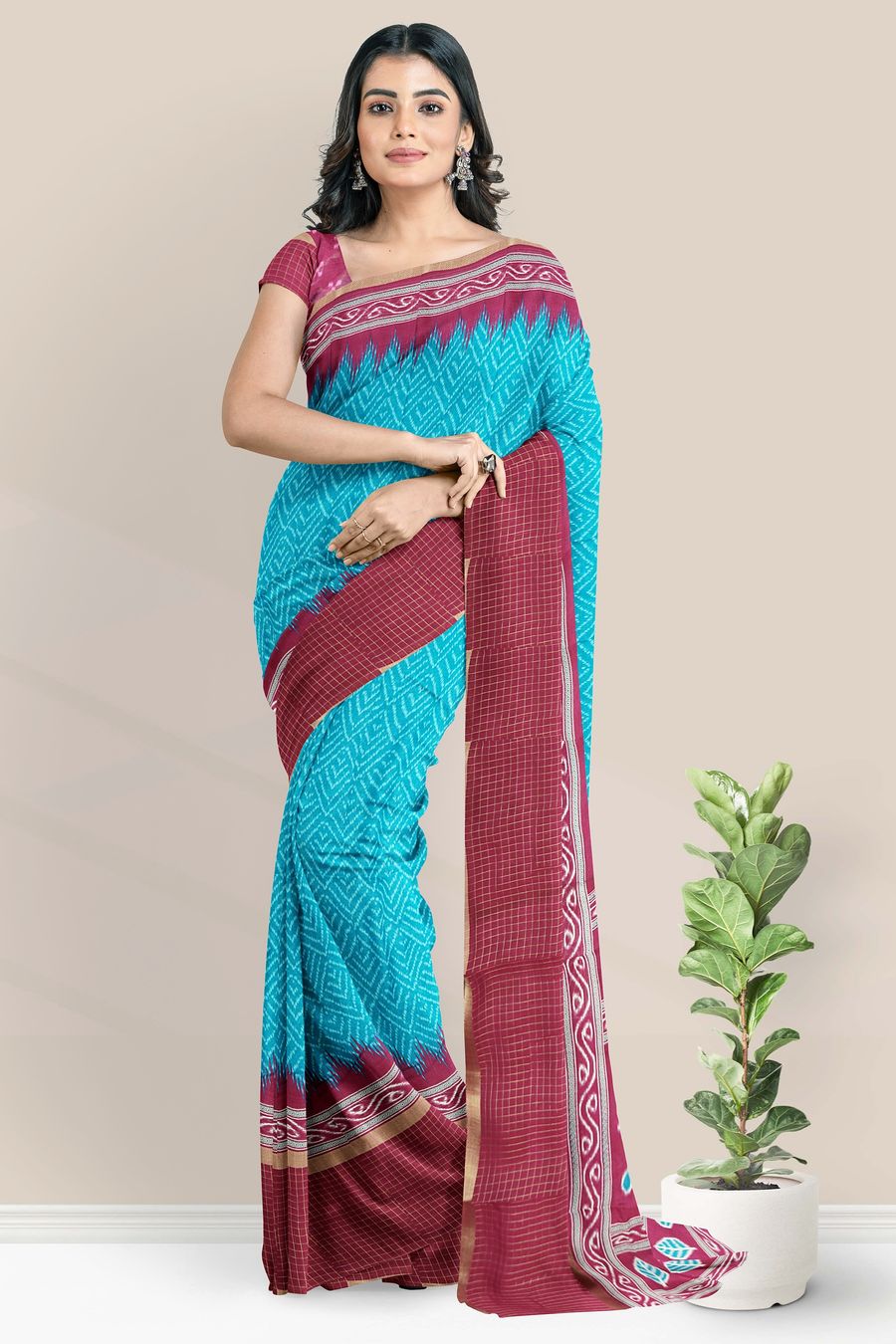 Muslin Georgette Ikkath Print Rama Green With Maroon Saree