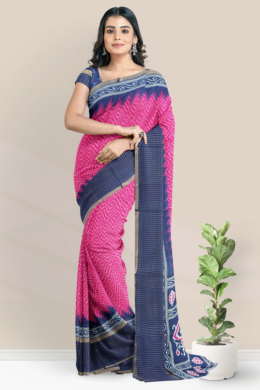 Muslin Georgette Ikkath Print Pink With Navy Blue Saree