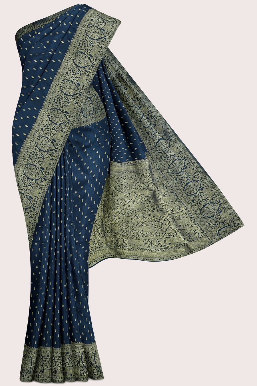Muslin Georgette Gold Zari Weaving Butta Peacock Blue Saree