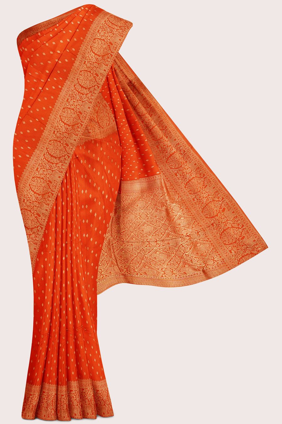 Muslin Georgette Gold Zari Weaving Butta Orange Saree