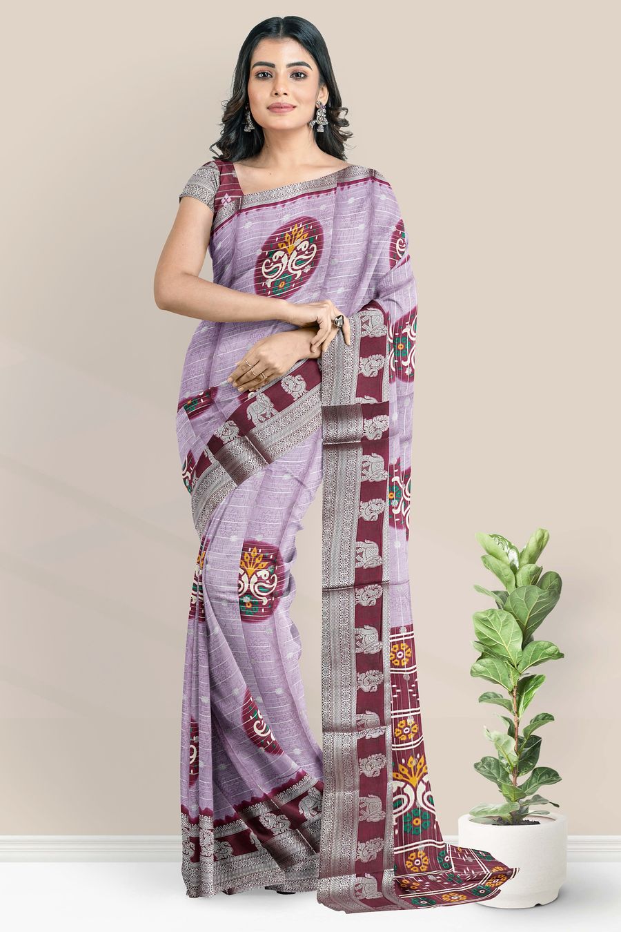 Fancy Silk Gold Zari And Bathik Print Light And Dark Wine Saree