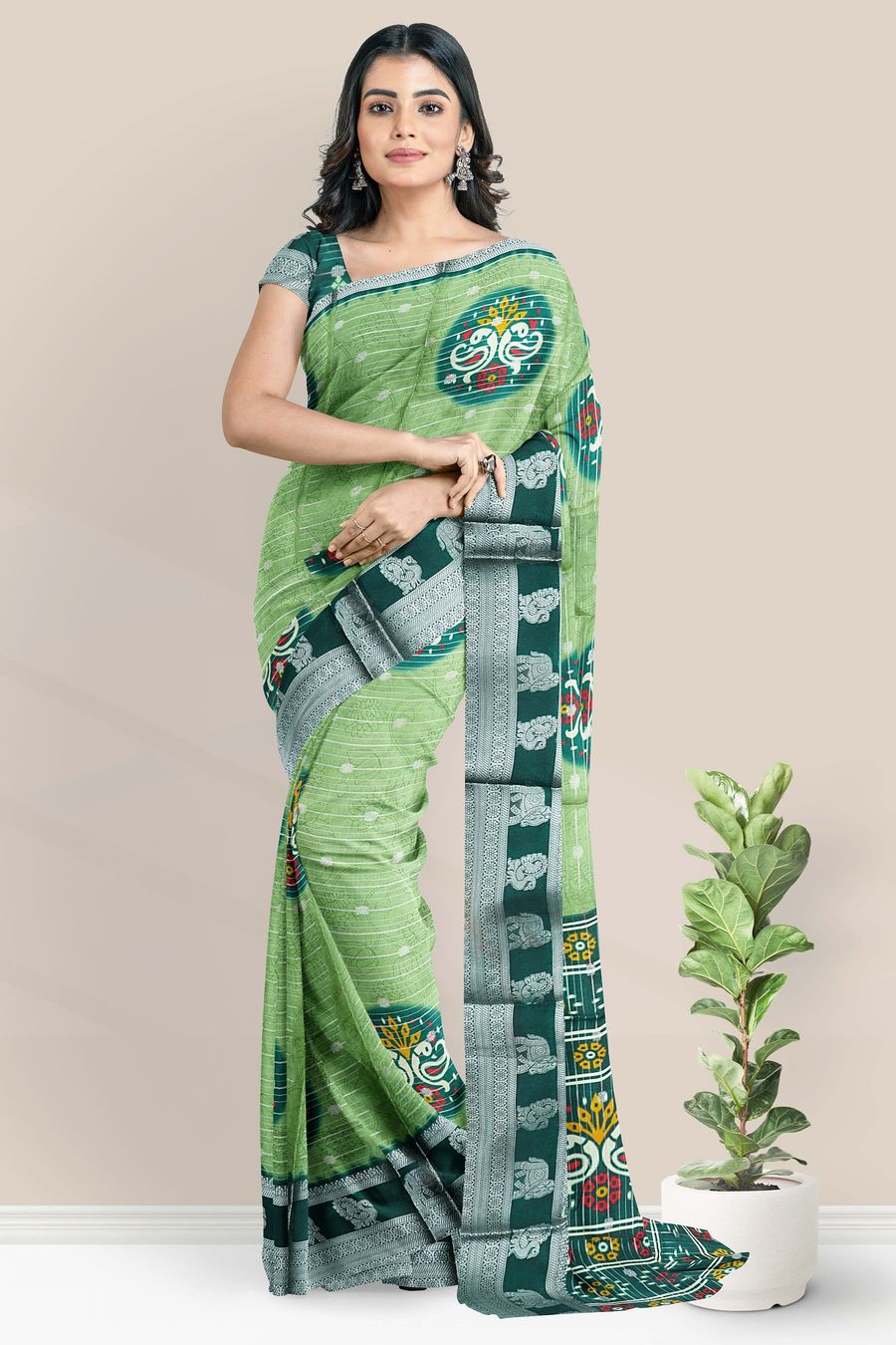 Fancy Silk Gold Zari And Bathik Print Light And Dark Green Saree