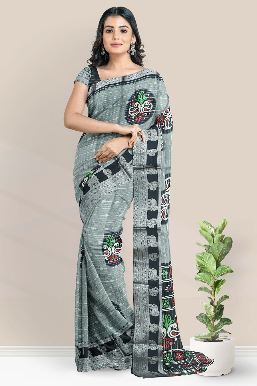 Fancy Silk Gold Zari And Bathik Print Light And Dark Black Saree