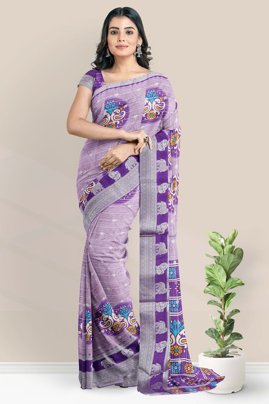 Fancy Silk Gold Zari And Bathik Print Light And Dark Purple Saree