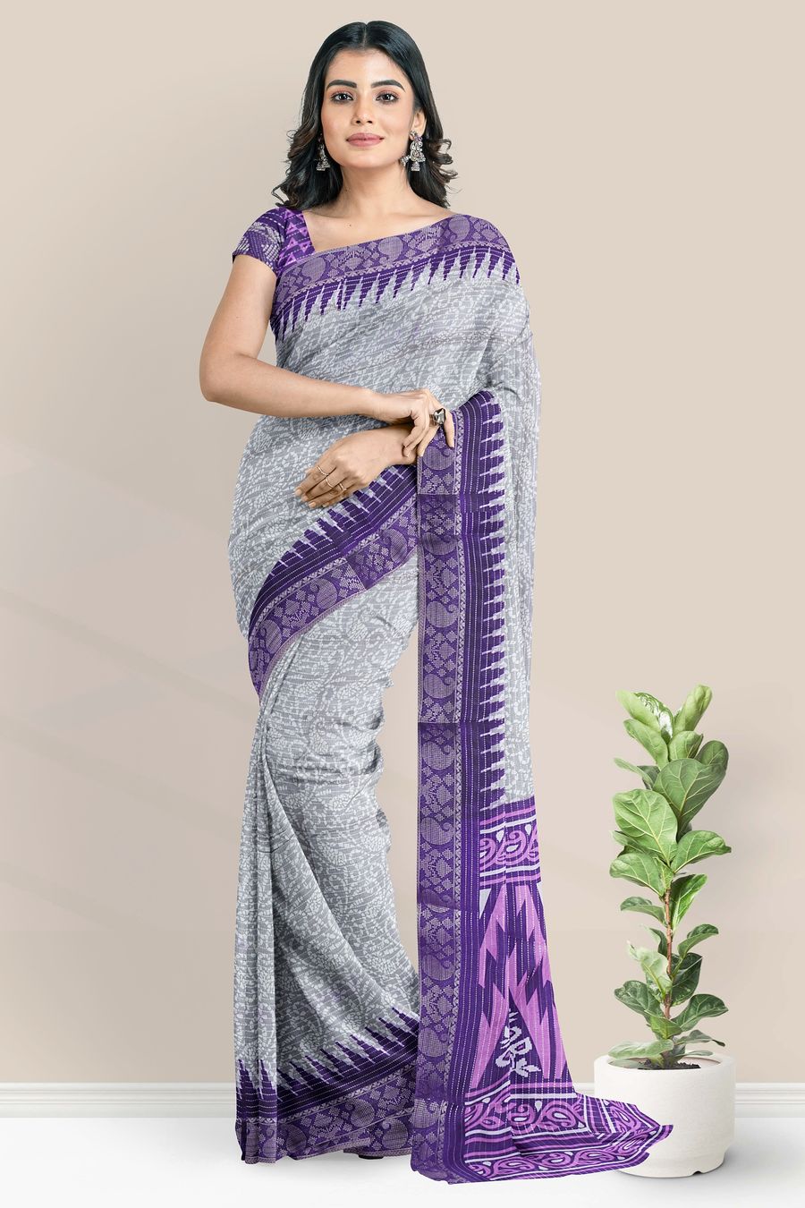 Fancy Silk Gold Zari And Bathik Print Light And Dark Purple Saree