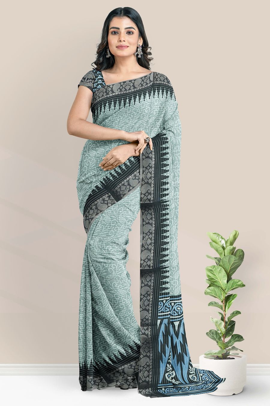 Fancy Silk Gold Zari And Bathik Print Ash With Black Saree
