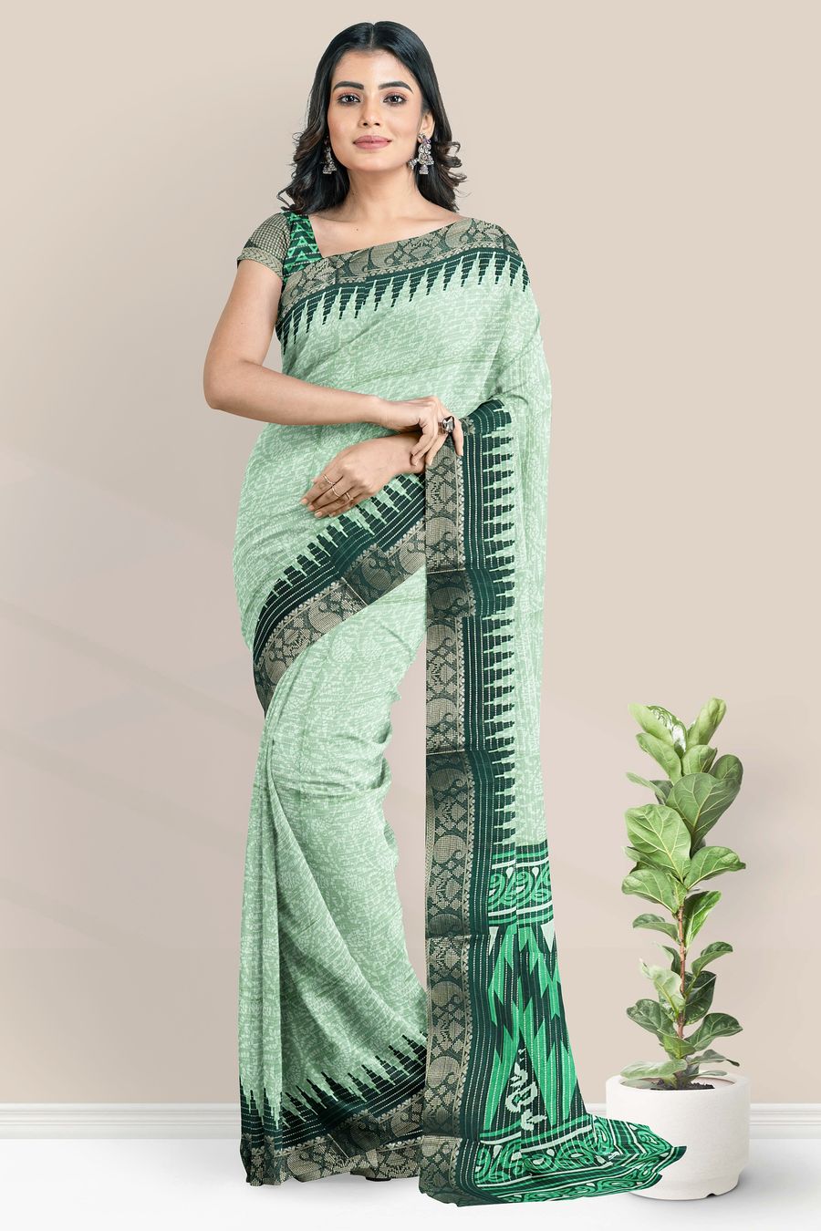 Fancy Silk Gold Zari And Bathik Print Light Green With Bottle Green Saree