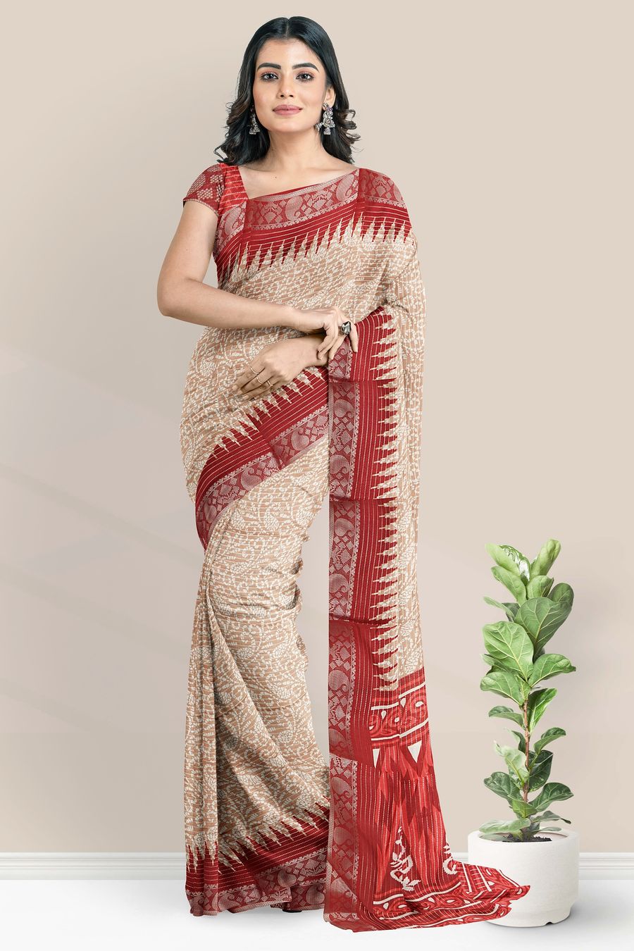Fancy Silk Gold Zari And Bathik Print Light Brick Red With Maroon Saree