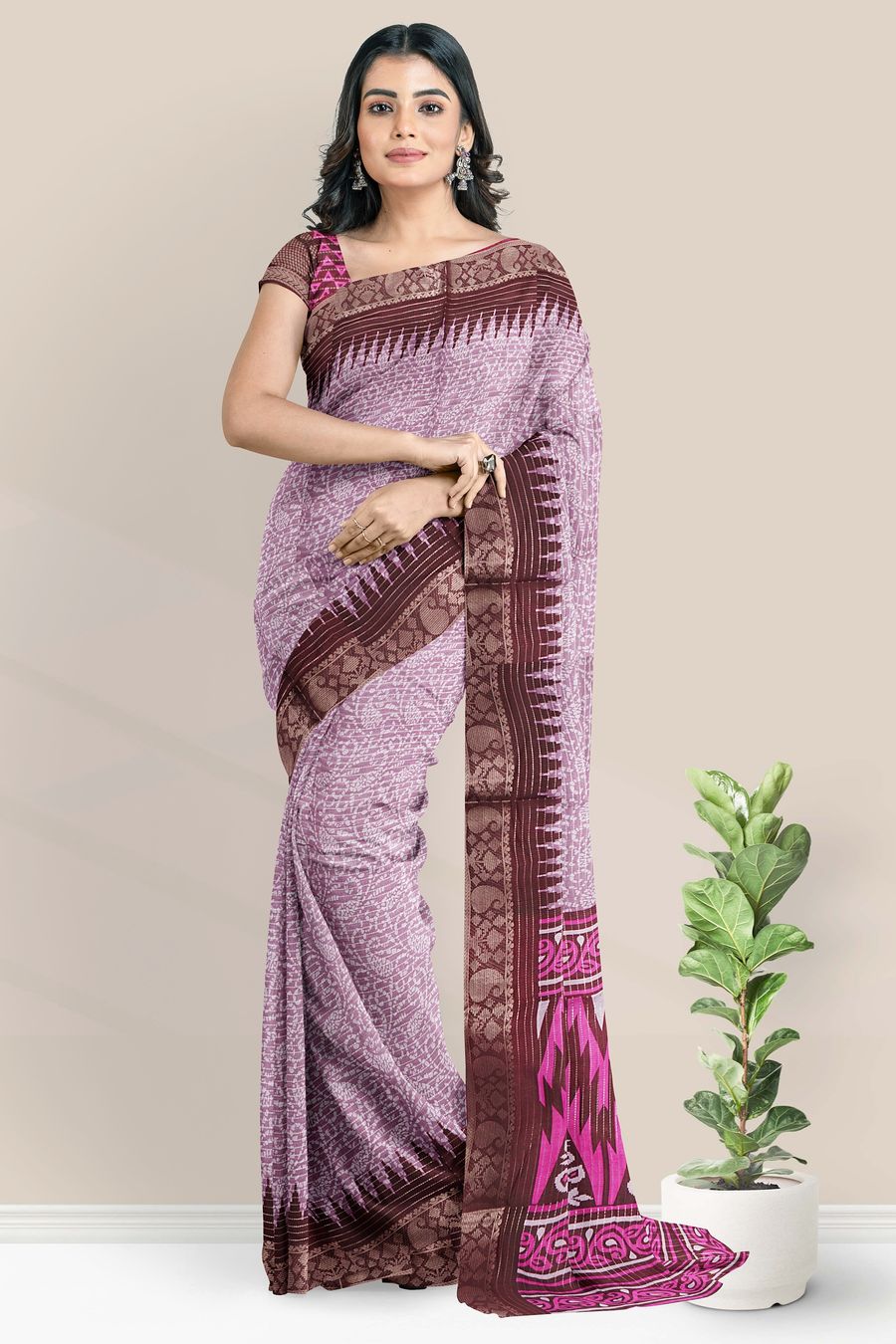 Fancy Silk Gold Zari And Bathik Print Light Pink With Wine Saree