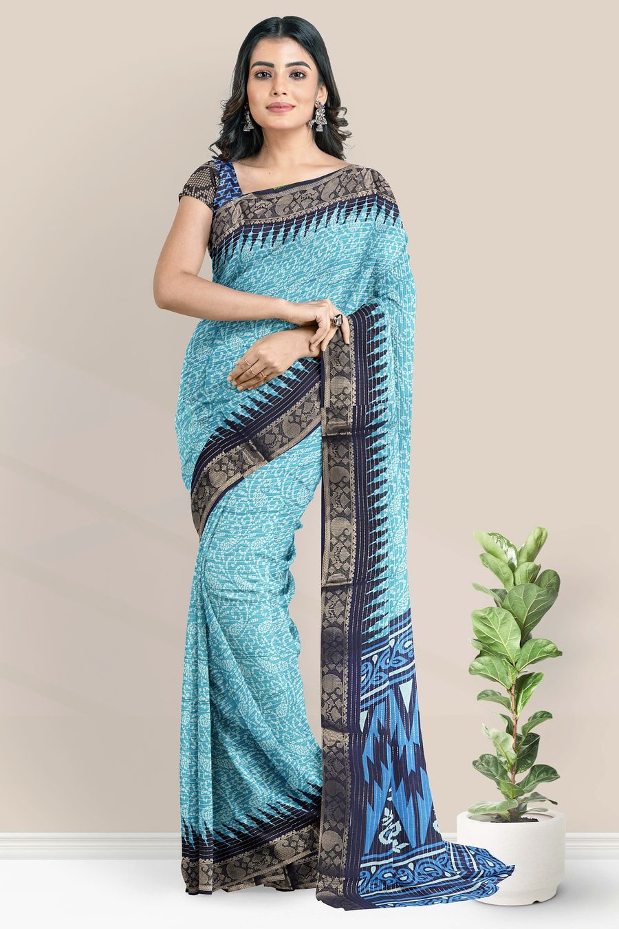 Fancy Silk Gold Zari And Bathik Print Light Blue With Navy Blue Saree