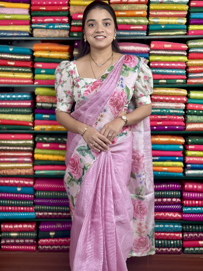 Silk Kota Floral Digital Print With Scallop Border BabyPink And Cream Saree