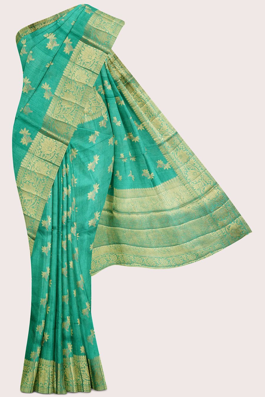 Lenin Double Border Weaving And Flower Butti Teal Green Saree
