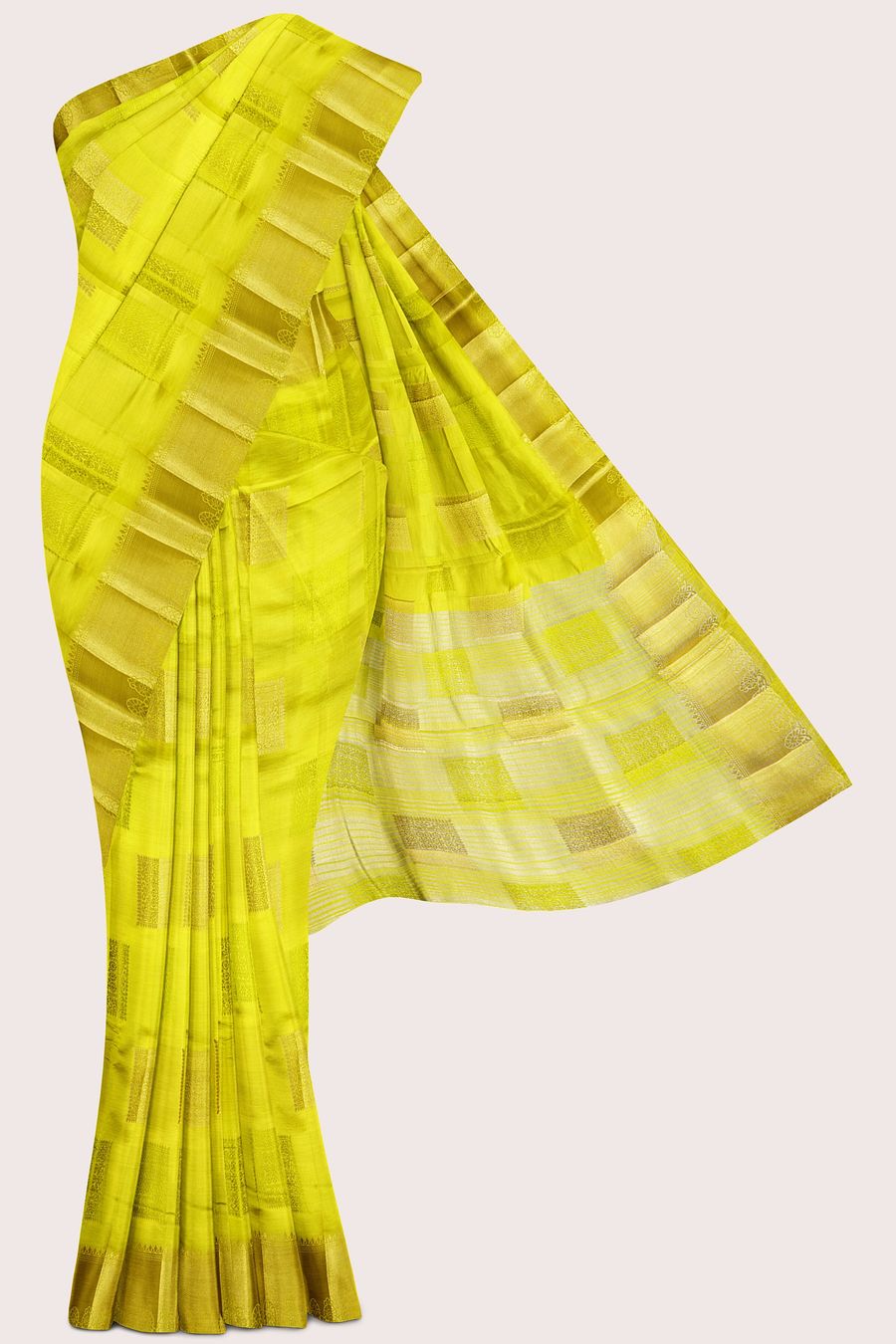Semi Tussar Silk Gold Zari Weaving Square Boxes Pesara Green Saree
