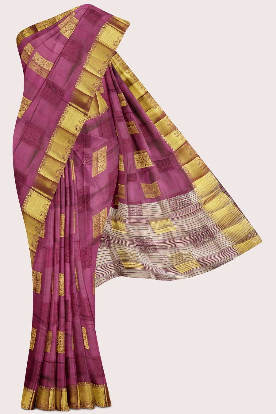 Semi Tussar Silk Gold Zari Weaving Square Boxes Dark Wine Saree