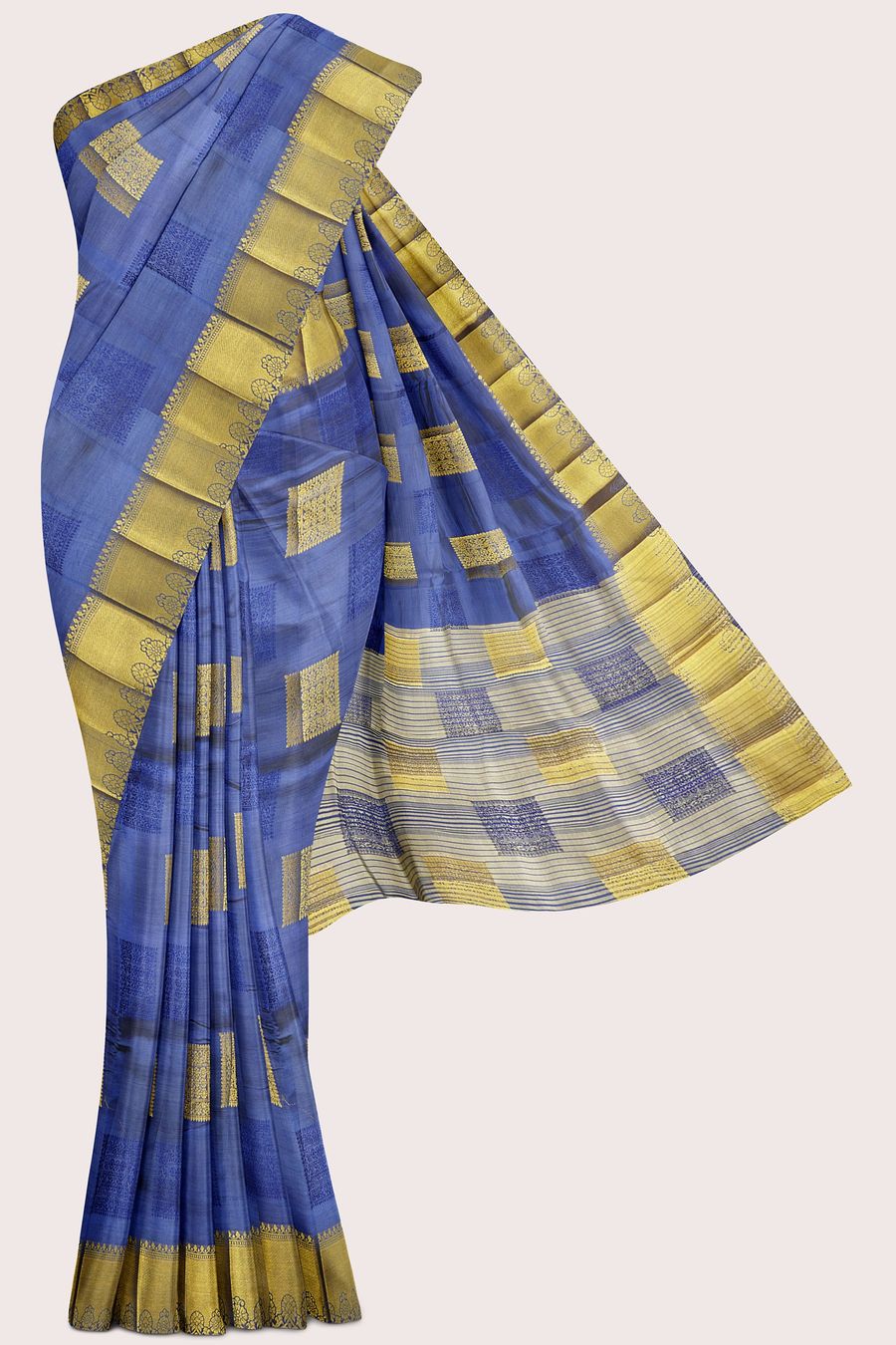 Semi Tussar Silk Gold Zari Weaving Square Boxes Navy Blue Saree
