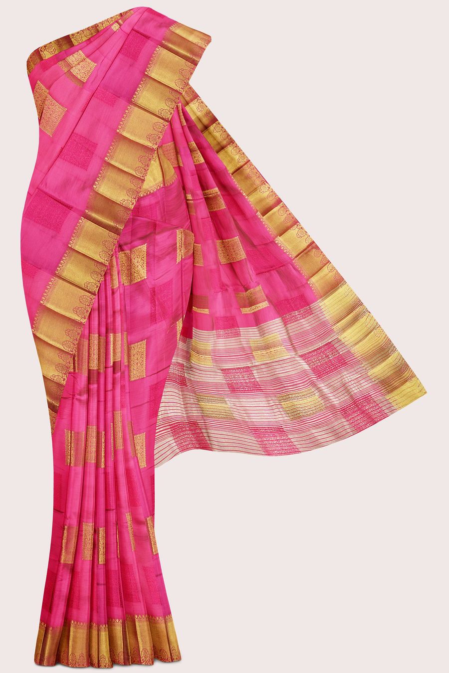 Semi Tussar Silk Gold Zari Weaving Square Boxes Rani Pink Saree