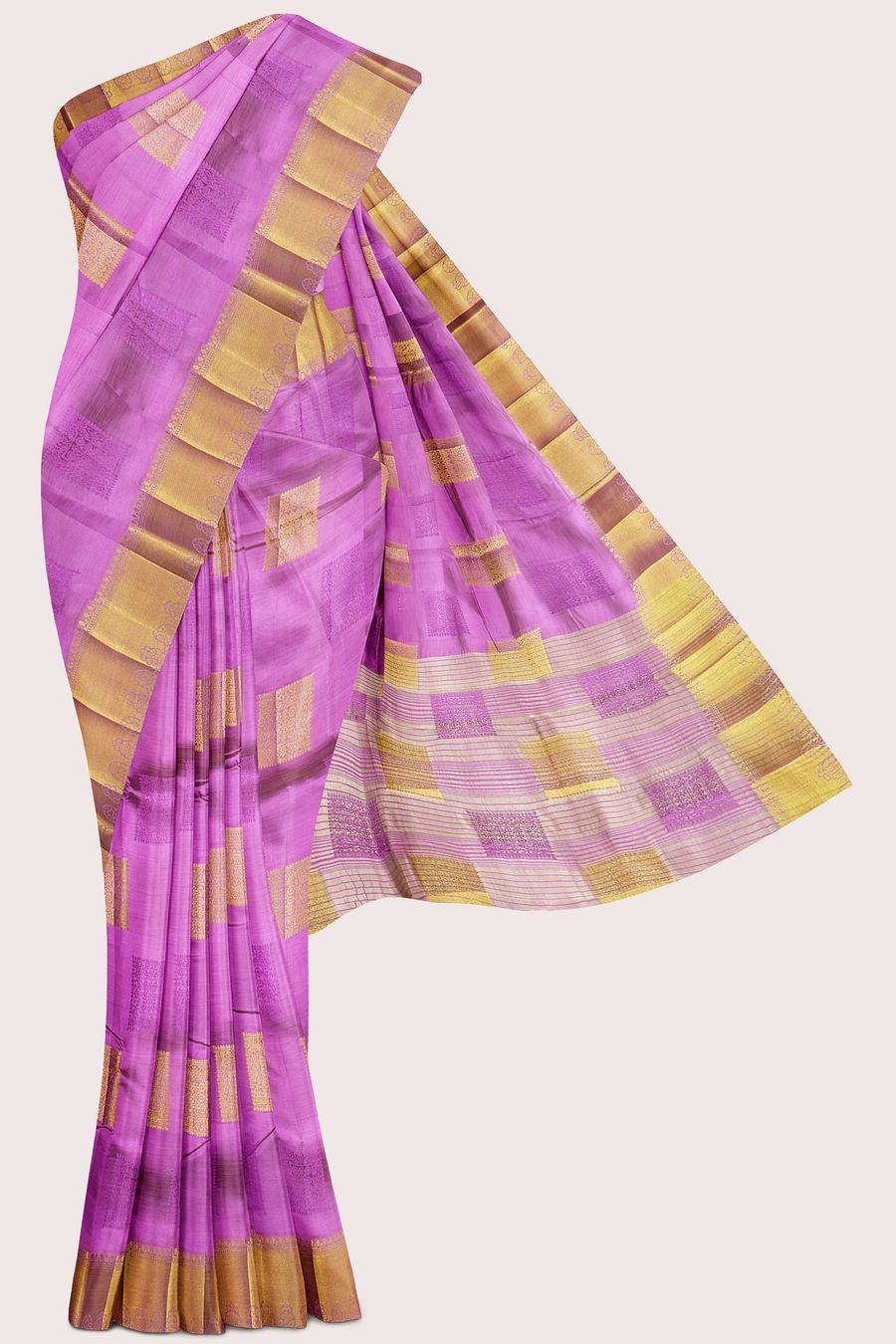 Semi Tussar Silk Gold Zari Weaving Square Boxes Brinjal saree