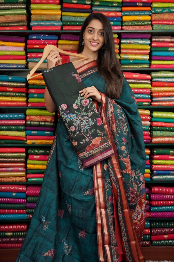 Soft Mangalagiri Silk Digital Print BottleGreen And MagenthaPink Saree