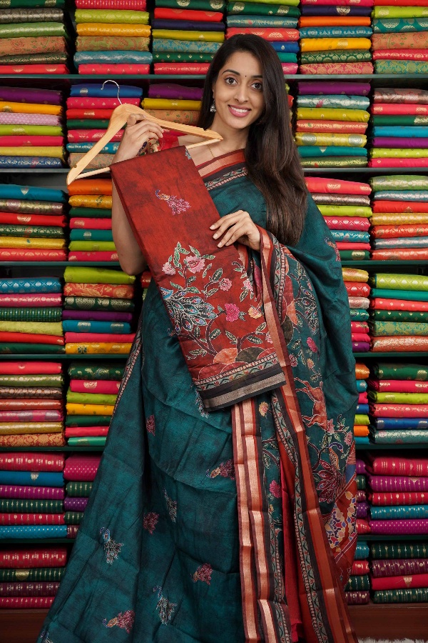 Soft Mangalagiri Silk Digital Print BrickRed And Black Saree