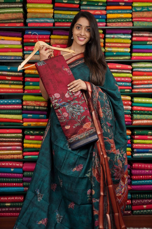 Soft Mangalagiri Silk Digital Print Maroon And Dark Blue Saree