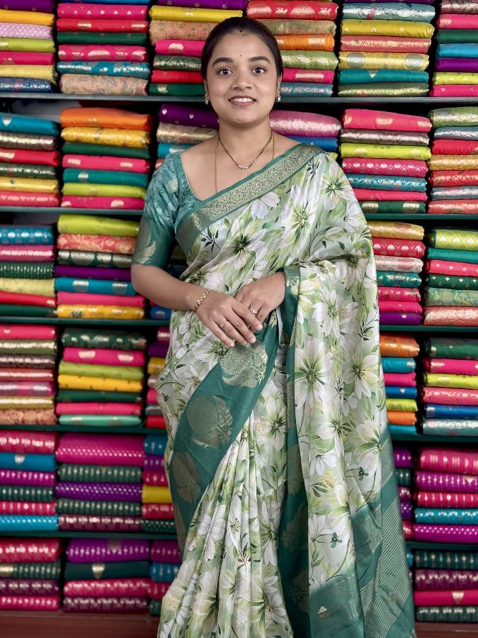 Fancy Silk Floral Digital Print Light And Dark Green Saree