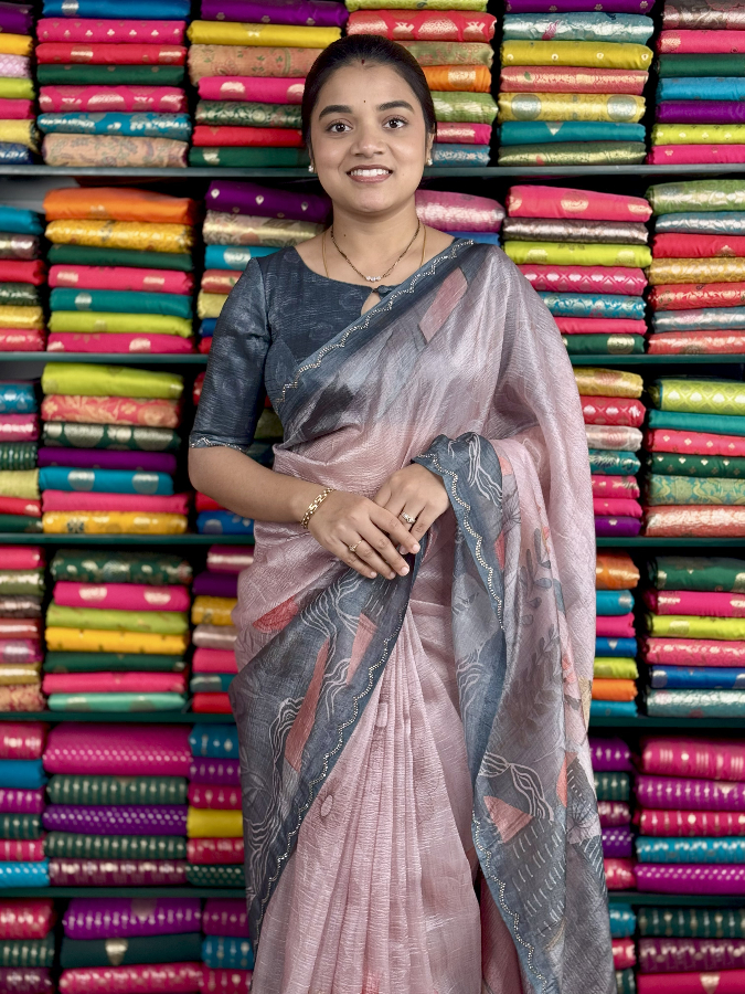 Soft Kora Crushed Stone Border Lilac And Dark TeelGreen Saree