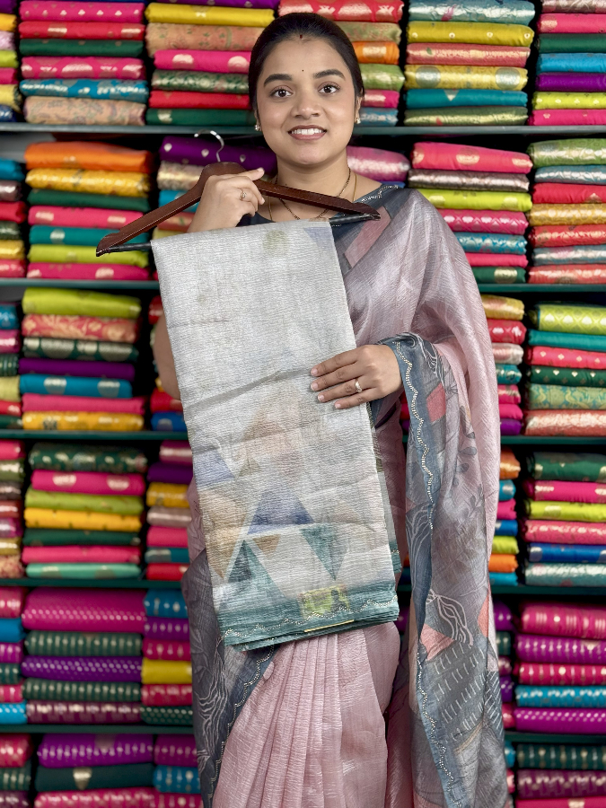 Soft Kora Crushed Stone Border Light TeelGreen Saree
