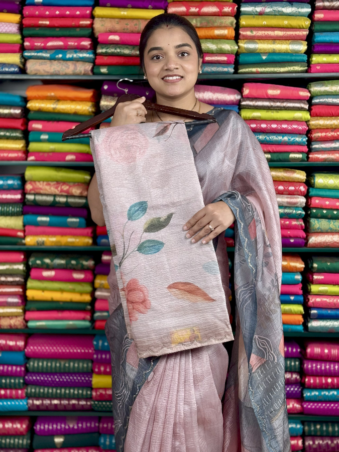 Soft Kora Crushed Stone Border Light Maove Saree