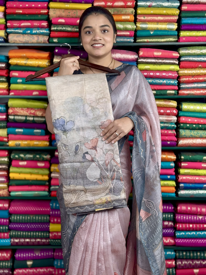 Soft Kora Crushed Stone Border Light Gray Saree