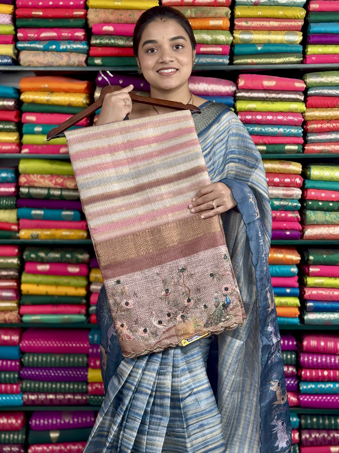 Silk Kota Lines With Scallop Border Brown Saree